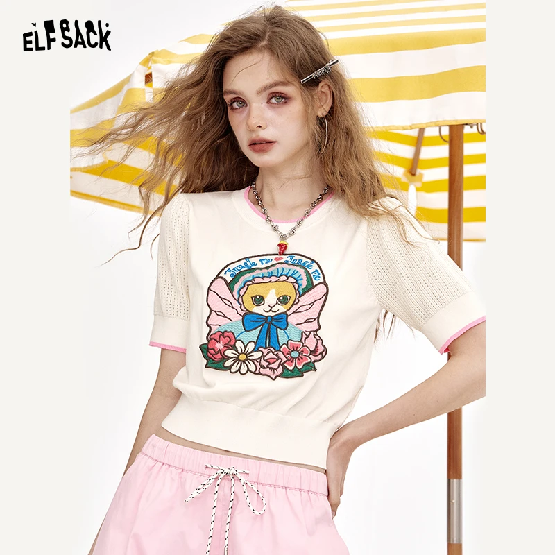 妖精的口袋夏季新款米白色猫咪图案短袖针织衫女薄款独特25206067