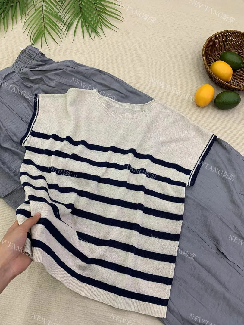 【撞色半身条纹】221苎麻气质圆领条纹透气显瘦短袖