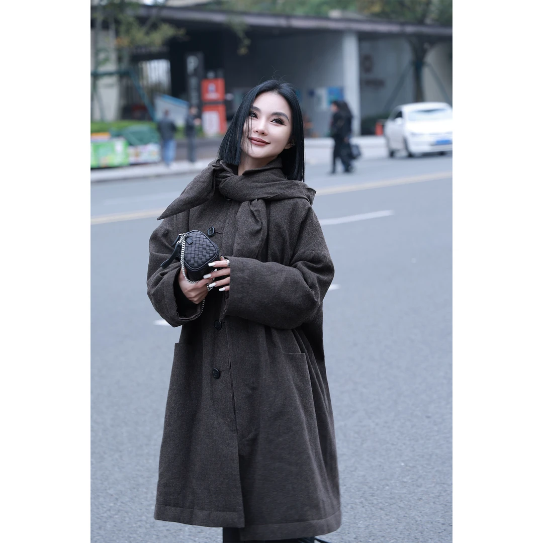 【妙妙精选】HUANGNAJI混茶棕-可拆帽时尚气质绵羊毛鹅绒服5211