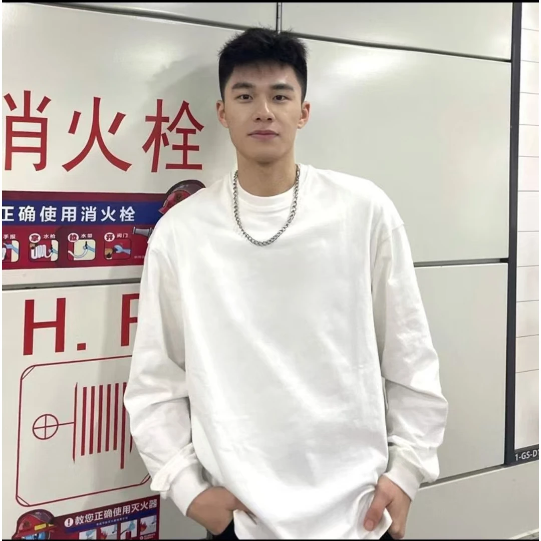 春装新款重磅300g纯棉长袖t恤男cleanfit宽松白色打底衫内搭上衣