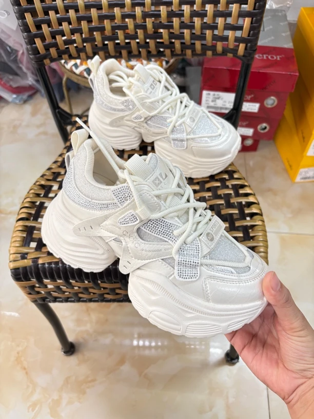 网面水钻厚底老爹鞋