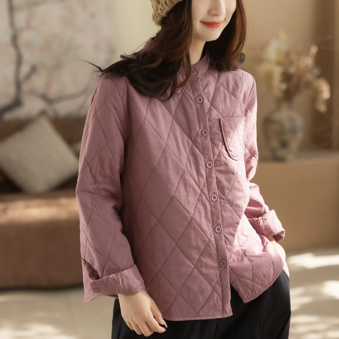 【纭裳原创】衣长61 秋冬宽松文艺菱形格女士单排扣棉服 S9806