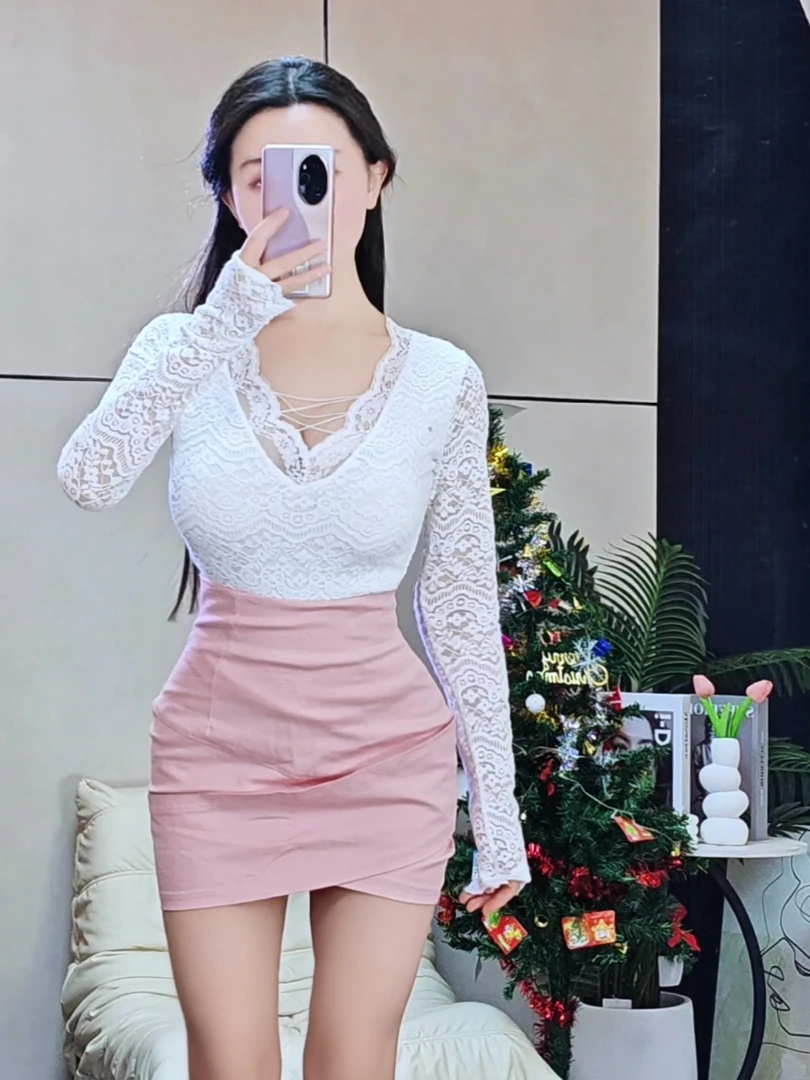 燃燃家纯欲辣妹秋冬包臀半身裙显瘦交叉绷带高腰收腹甜美粉色短裙