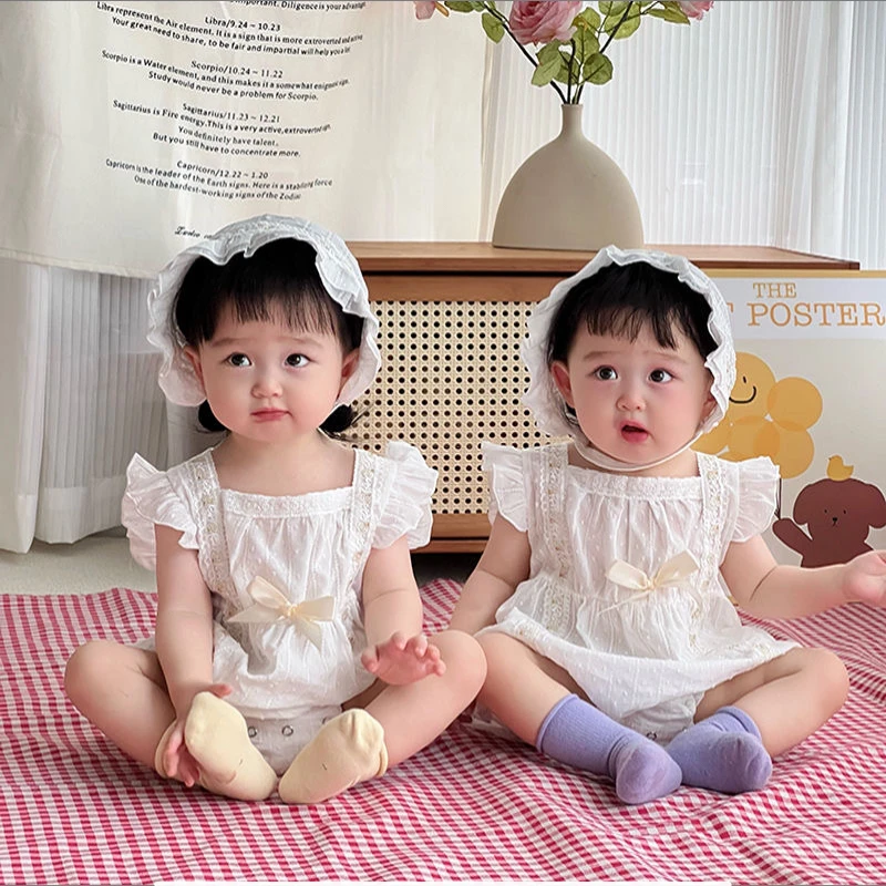 【三件套】夏季少女风衣女宝连体衣幼儿婴儿套头短爬爬服法式白月光