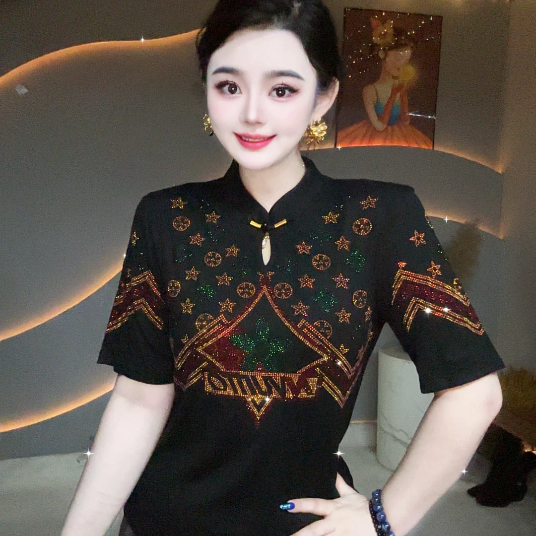 【闪耀星空】新中式国风旗袍领爆款洋气重工短袖打底衫女3112
