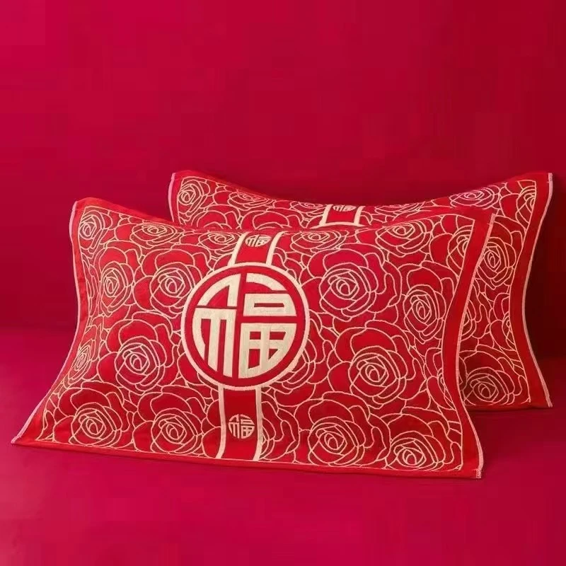 52*78 红玫瑰福字枕巾一对