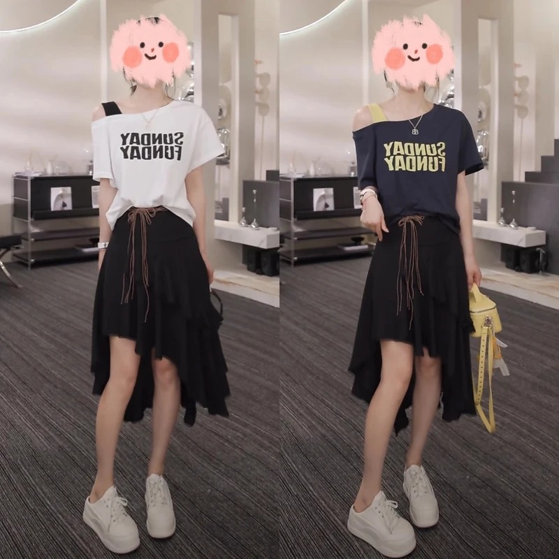 2025夏季新款时尚休闲气质显瘦字母T恤上衣高腰半身裙两件套