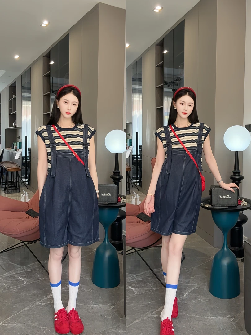 孕妇装2025夏季新款时尚气质条纹短袖上衣百搭休闲甜美背带裤套装