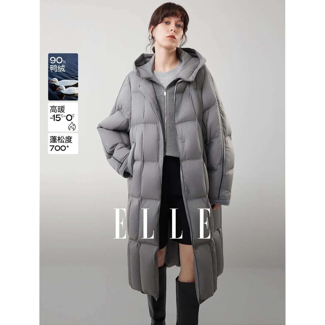 ELLE女装90白鸭绒连帽羽绒服25冬季新款通勤保暖过膝外套EY52953