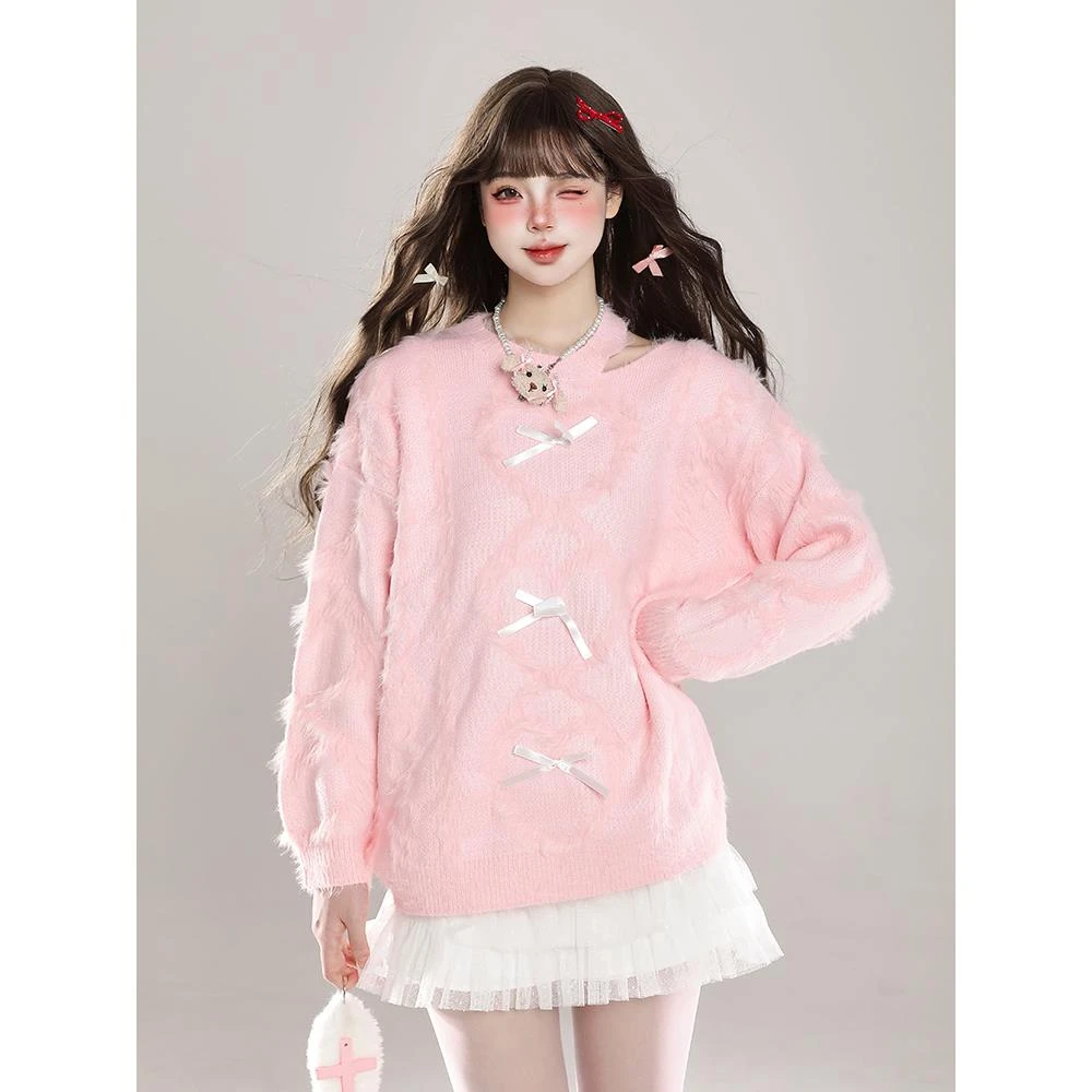 【万达撤柜】奶呼呼露肩套头毛衣女秋冬新款甜妹软糯慵懒松弛感宽松