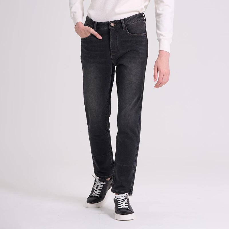 RARE威雅男裤秋冬新款后口袋飞狮图案暖绒加厚深灰色牛仔裤