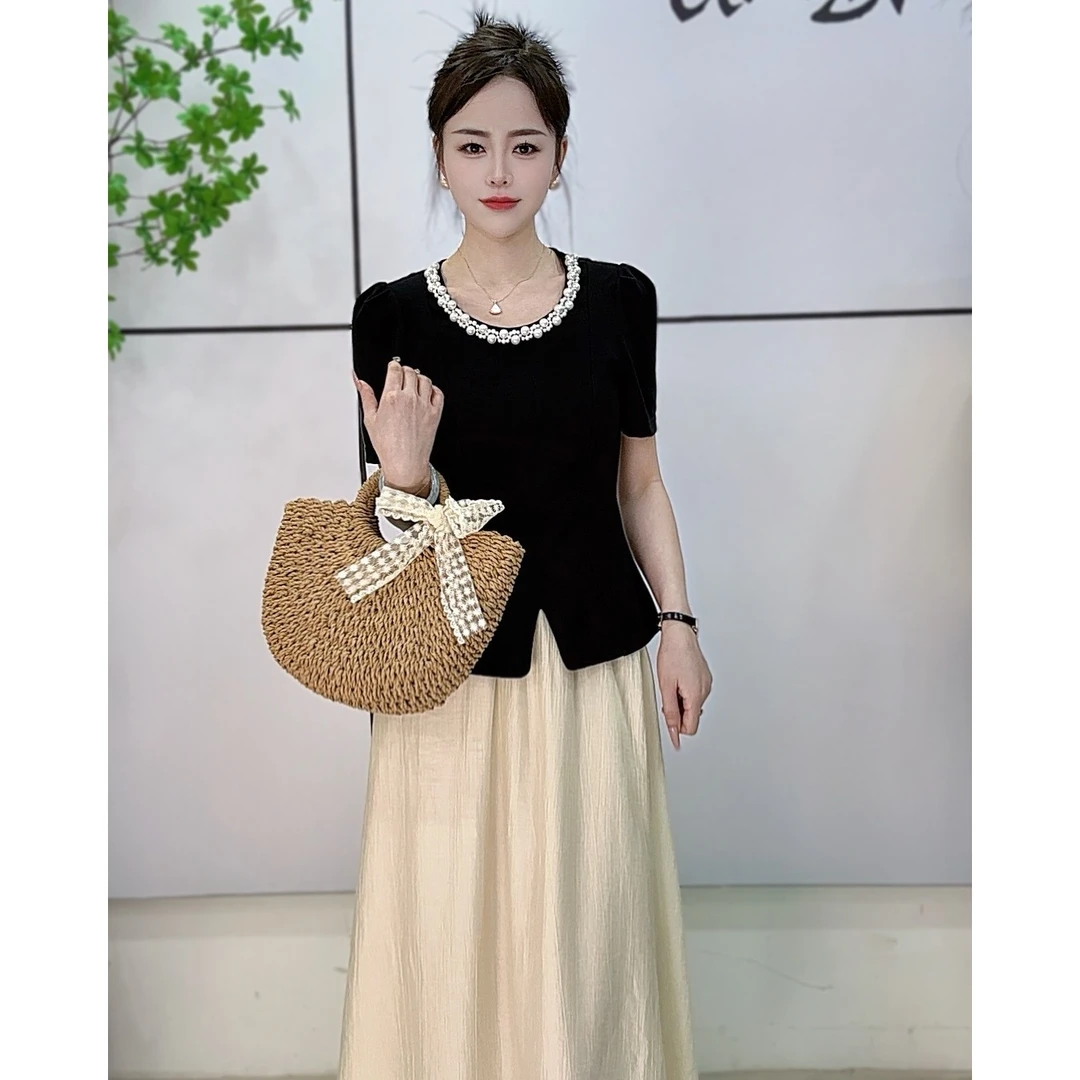 【法式珍珠】小香风气质轻奢圆领时尚短袖百搭撞色珠光裙两件套