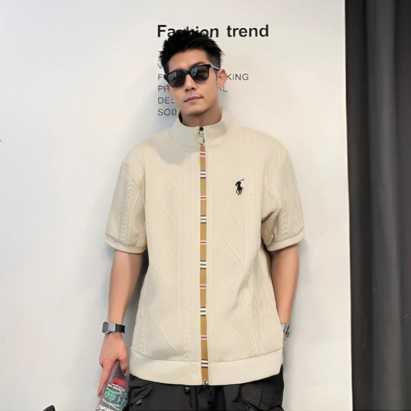 男士夏季短袖轻奢宽松复古立领刺绣通用欧美简约上衣男装T恤T2085