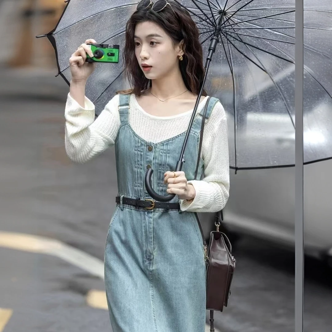 2025复古牛仔背带裙2025春秋新款小个子百搭收腰显瘦开叉背心裙女