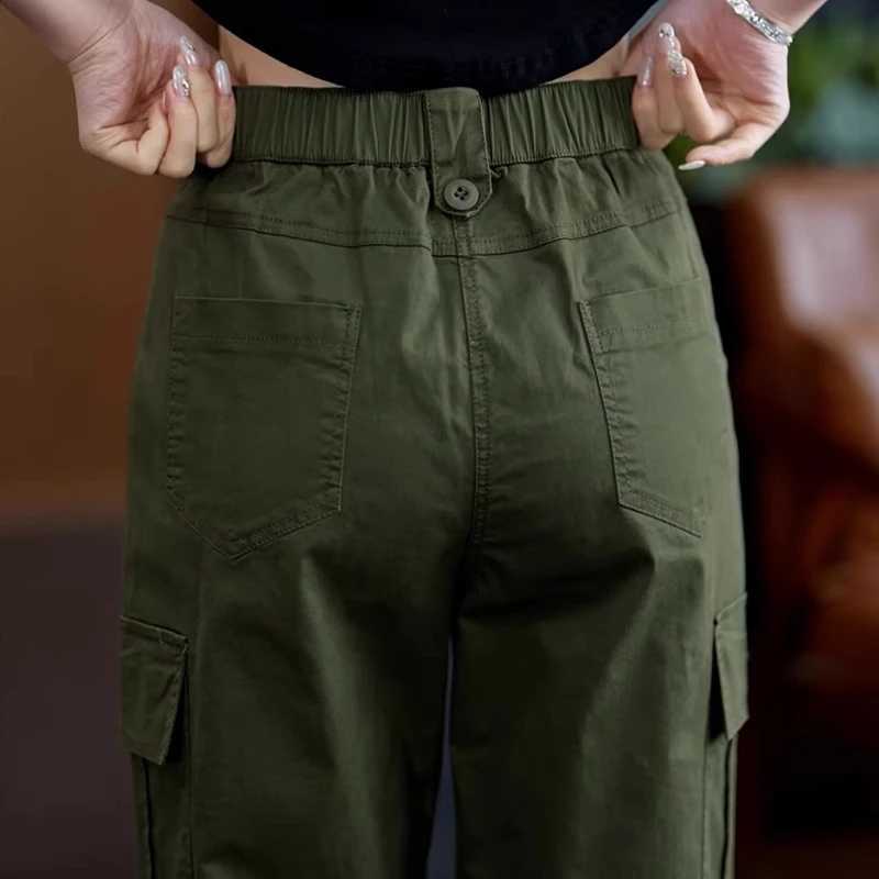 军绿色工装裤女款2025夏季新款女士松紧高腰显瘦休闲直筒阔腿裤子