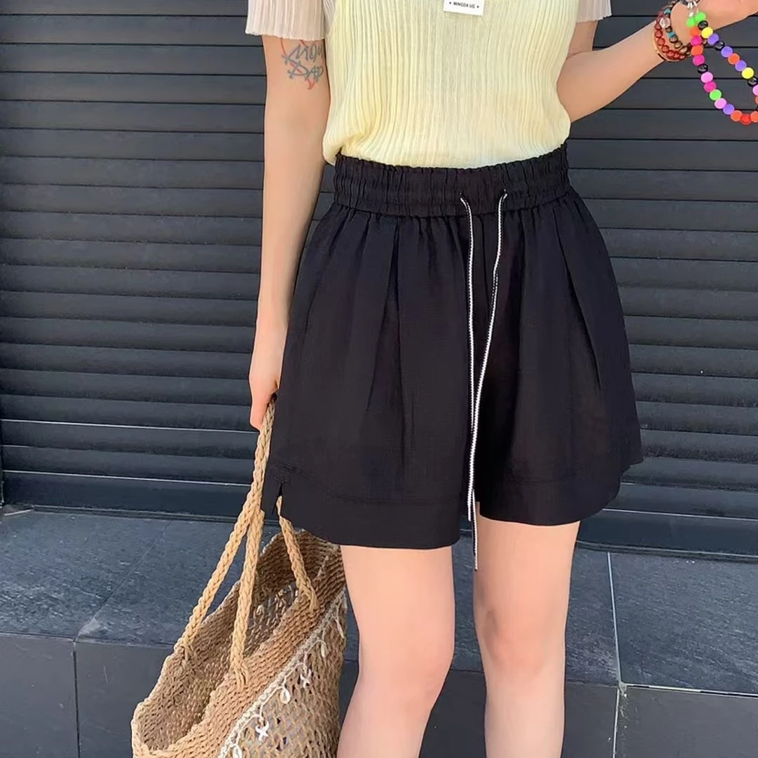 无弹力纯色短裤宽松百搭高腰裤子简约棉麻