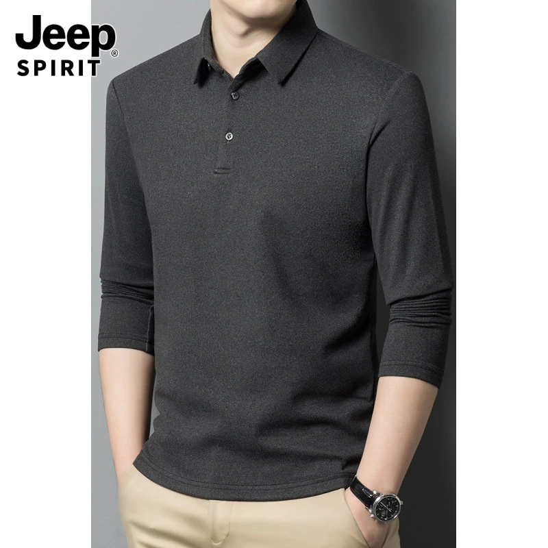 Jeepspirit吉普2025新款t恤翻领秋冬宽松打底衫纯色男士T恤长袖休