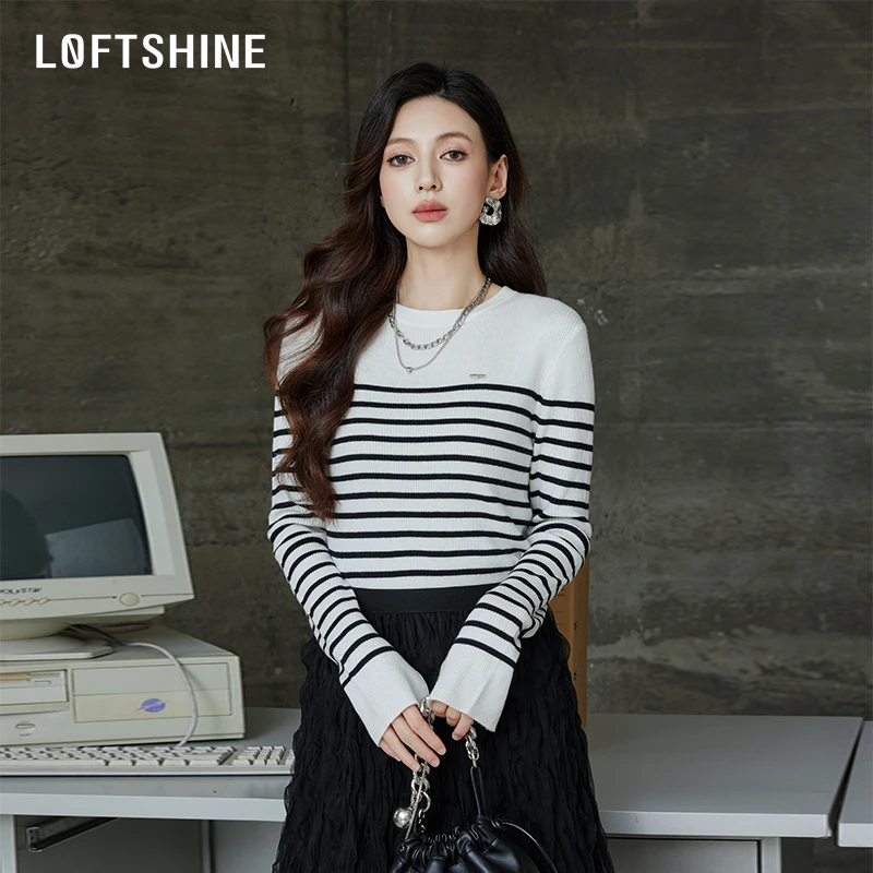 【黄蓉推荐】LOFTSHINE珞炫条纹针织上衣通勤修身气质毛衣24308199