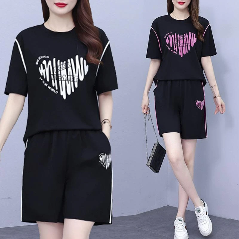 大码休闲时尚套装新款女夏装印花卫衣拼接罗马显瘦两件套