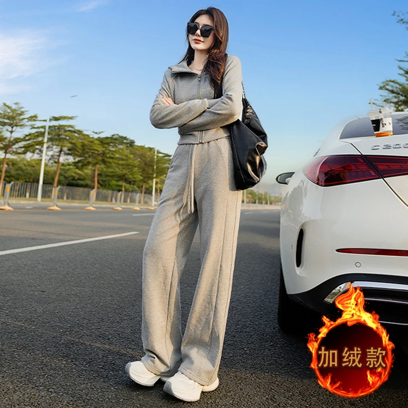 休闲套装女2025春秋新款运动风爆款时尚显瘦连帽卫衣阔腿裤两件套