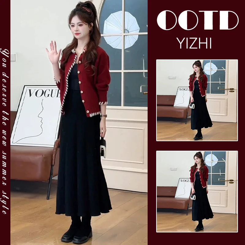 韩系小香风红色针织开衫半身裙套装女秋冬高级感今年流行漂亮套装