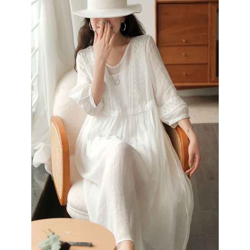 桑蚕丝2025夏季新款舒适时尚简约系带长款V领大摆裙A393