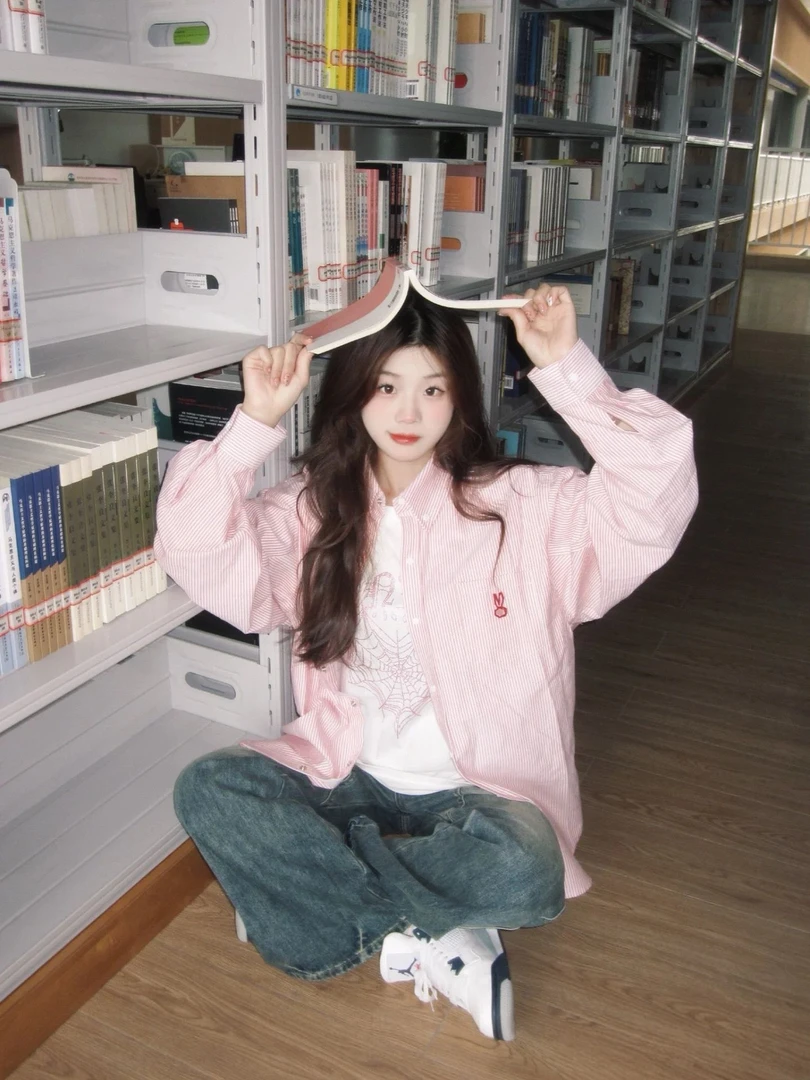 法式学院风条纹长袖衬衫女夏季新款刺绣翻领粉色衬衣外套宽松百搭
