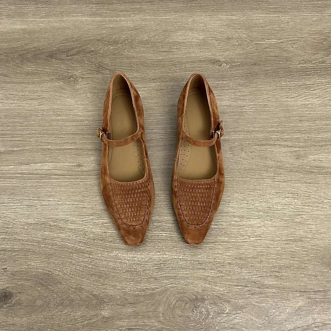 Dannyfrey法式气质羊京皮浅口夏季编织尖头女单鞋低跟休闲玛丽珍