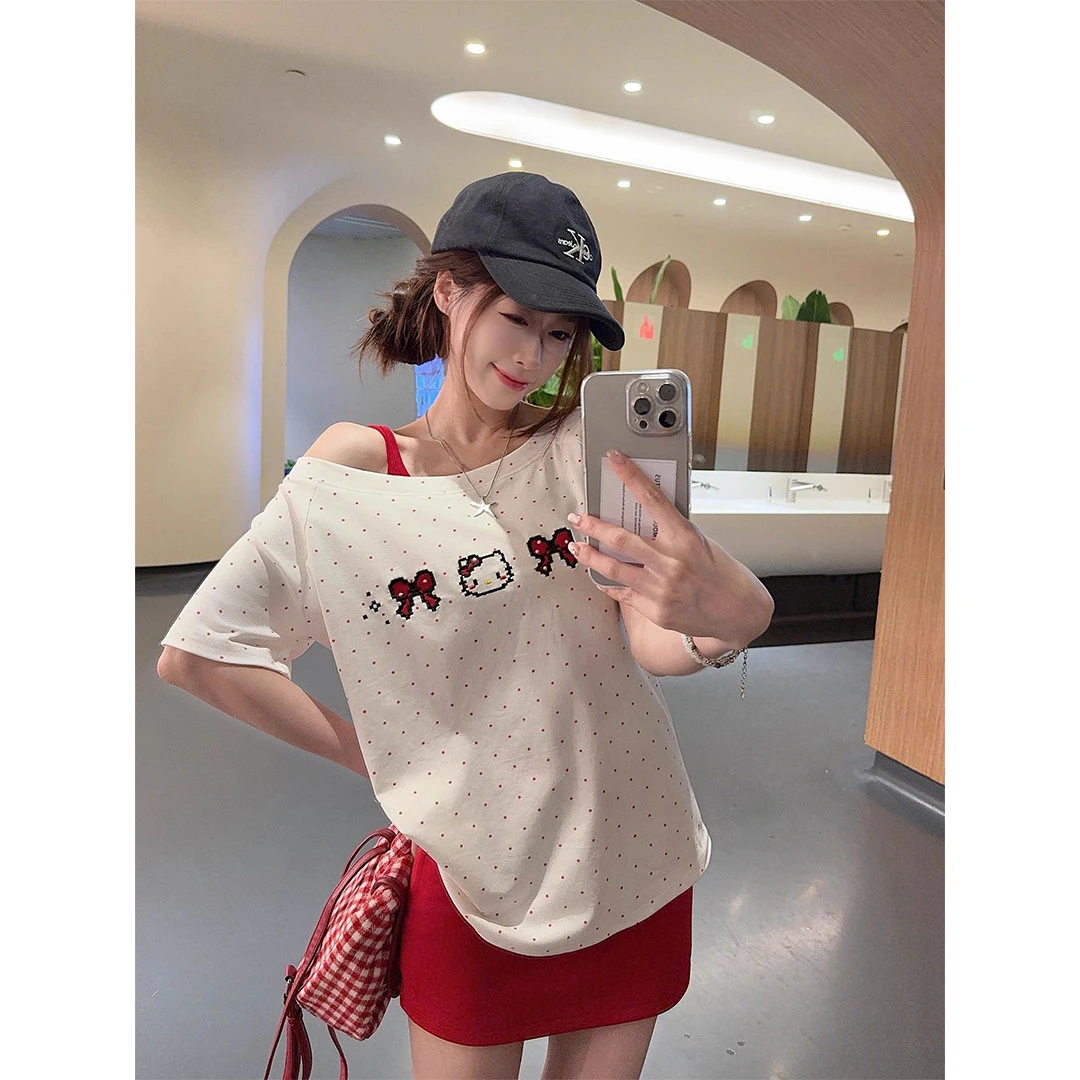 刺绣款一字领波点短袖T恤女夏季新款日系kitty纯欲风甜美上衣