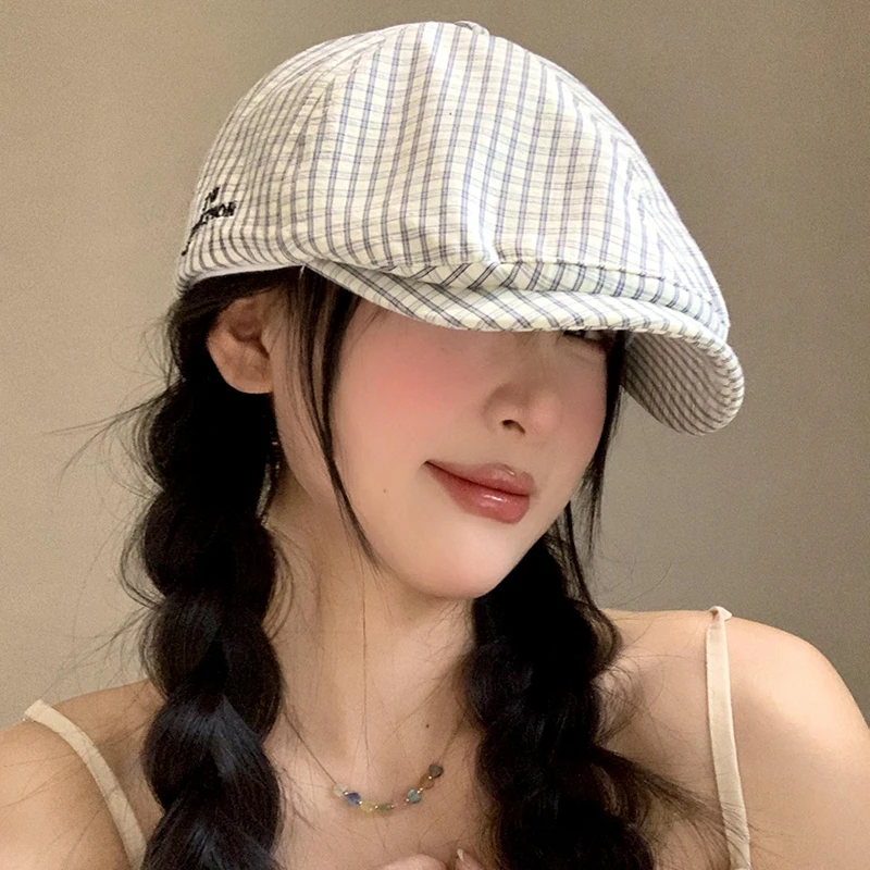 格纹前进帽女春夏季韩版百搭显脸小反戴贝雷帽日系大头报童围帽子