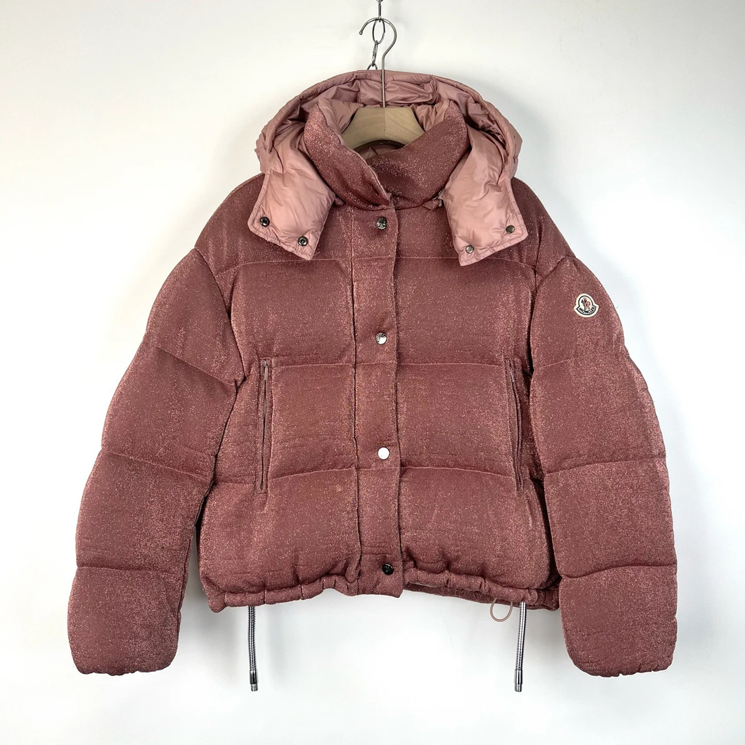 95新 MONCLER 2码/豆沙粉色闪粉可拆卸帽子丝绒羽绒服/如图/08985