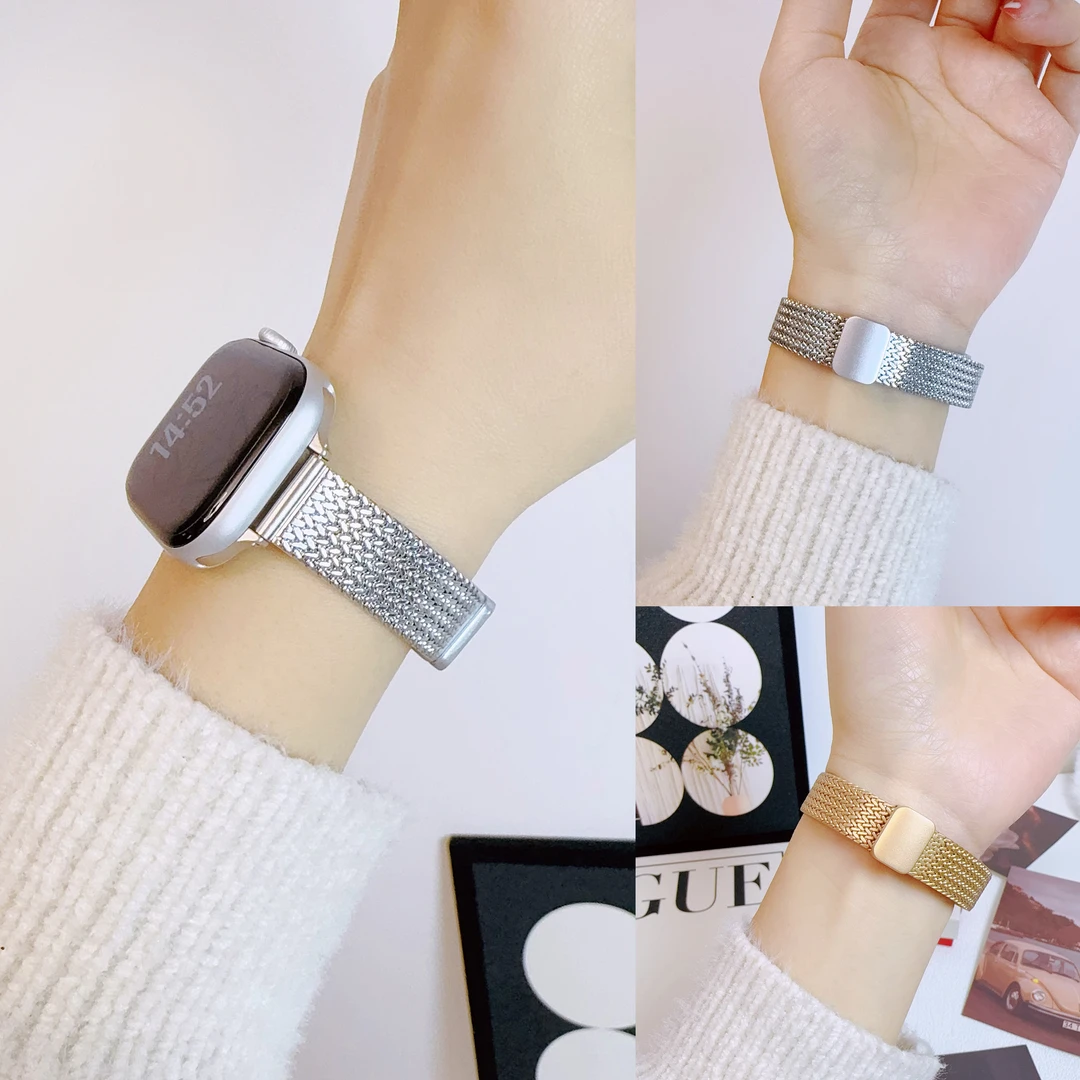 适用苹果iwatchS10987高级女款磁吸麦穗人字表带42mm 46mm