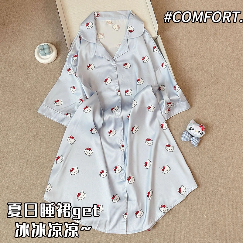 kt猫睡裙女夏季半袖冰丝男友风衬衫性感宽松凉感夏天睡衣家居服