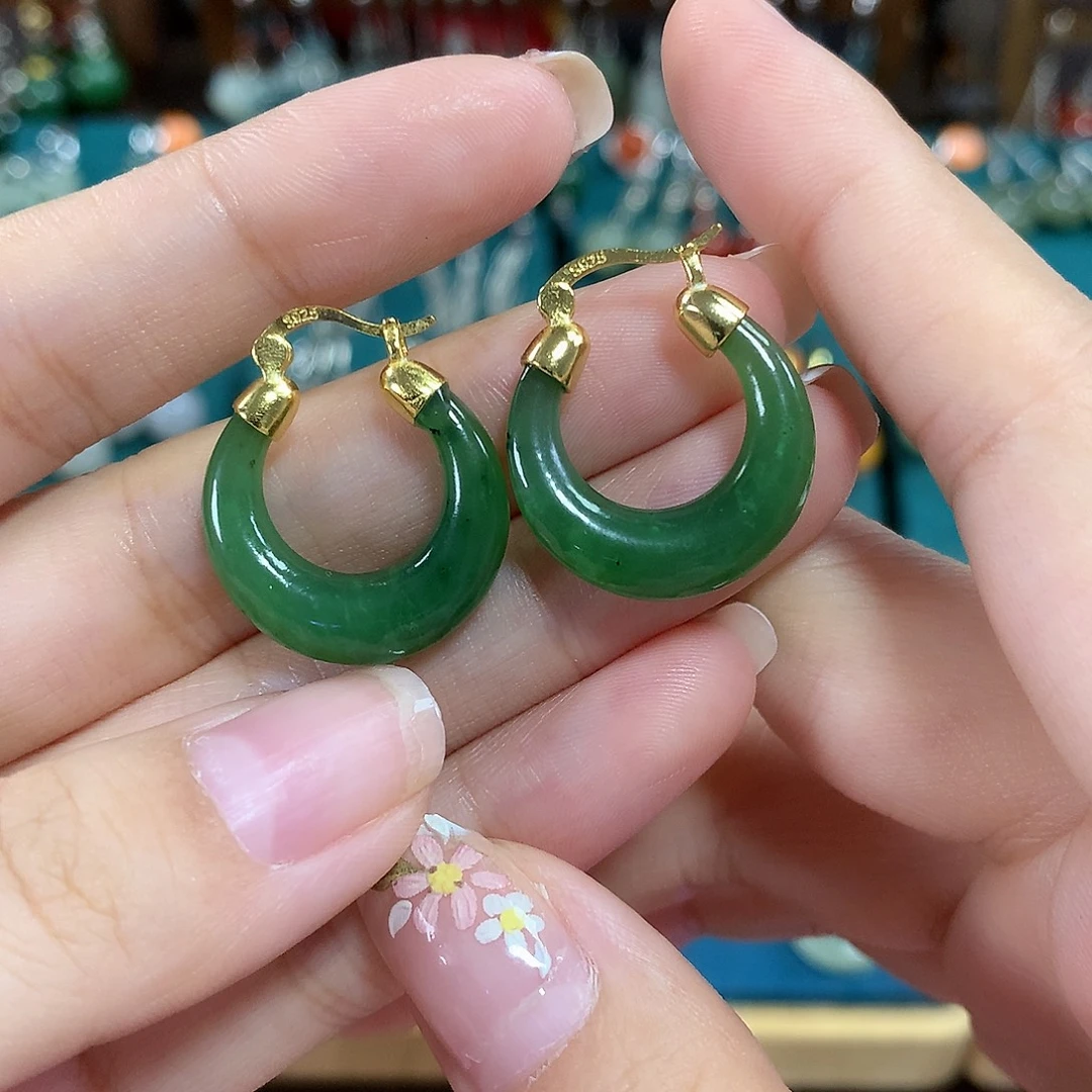 和田玉（碧玉）银S925镶嵌耳饰卡20左右