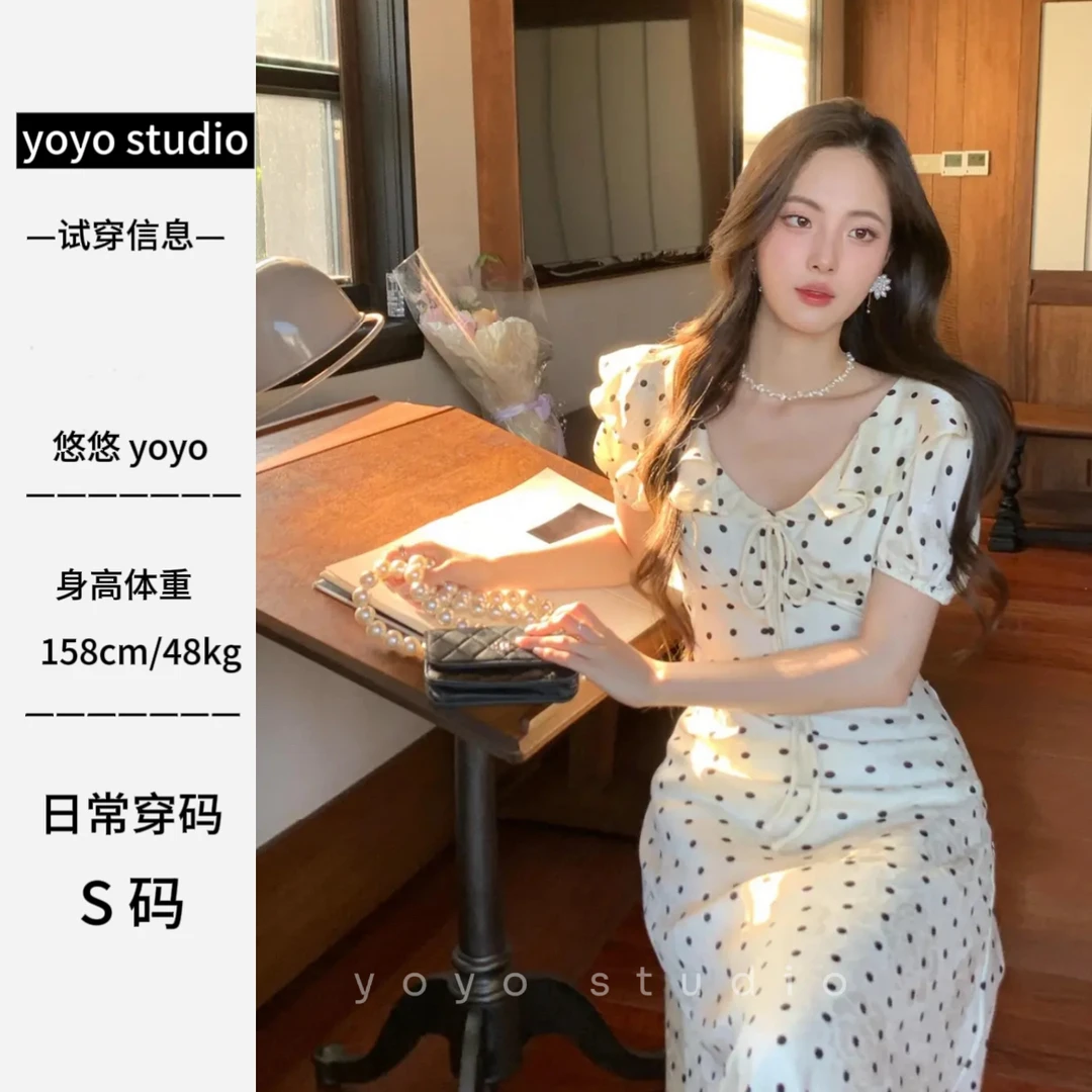 【爱丽丝】法式荷叶边波点泡泡袖连衣裙子夏季新款女气质长裙