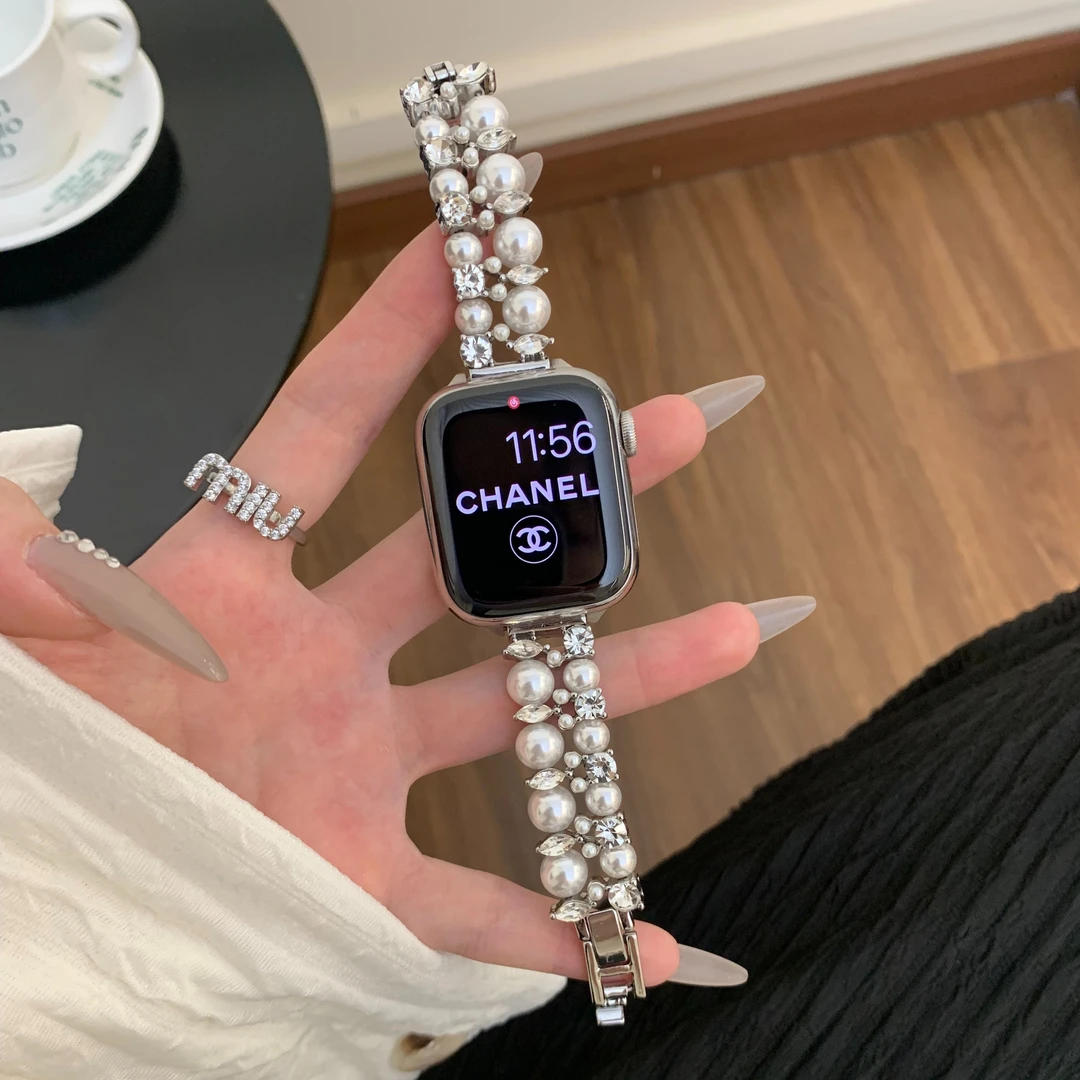 适用iWatchS10苹果SE手表applewatchS9女生夏珍珠镶钻7金属S8表带