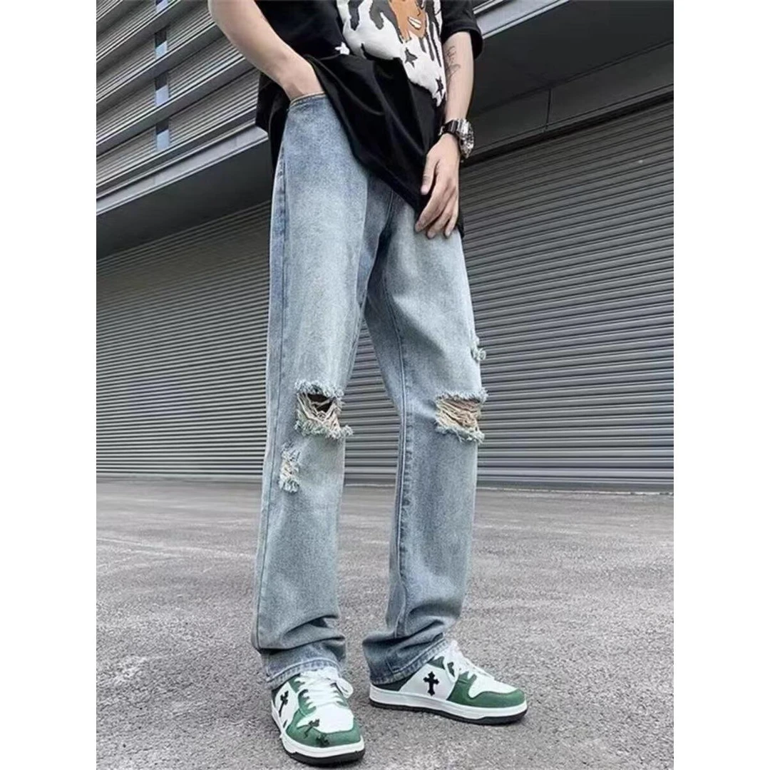 夏季男士宽松破洞潮牌牛仔裤修身直筒百搭薄款嘻哈美式高街长裤子