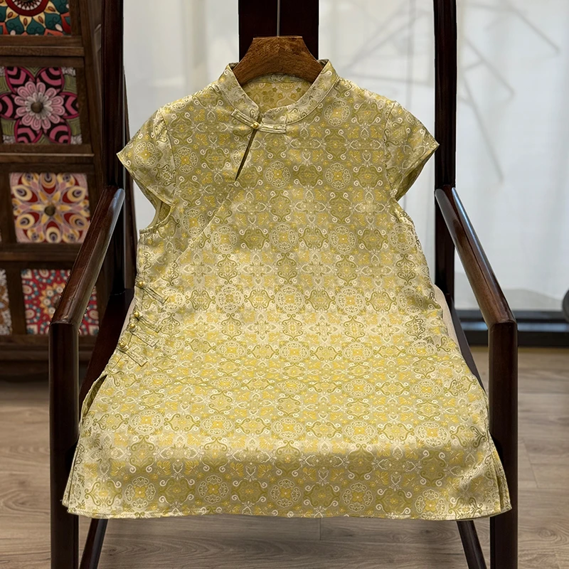 【桃李】日常桑蚕丝宋提花锦旗袍新中式加长奥黛高开叉时尚减龄上衣