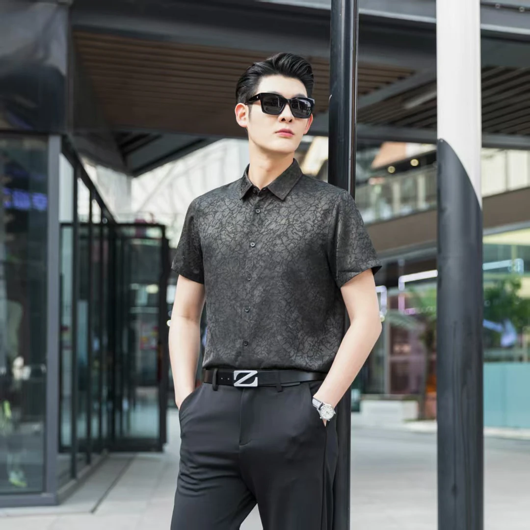 夏季短袖标准印花香云纱男士男薄款衬衫桑蚕丝短袖修身休闲时尚