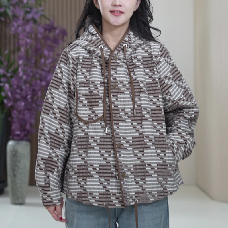 提花条纹植绒连帽短款外套85133大码夹克女