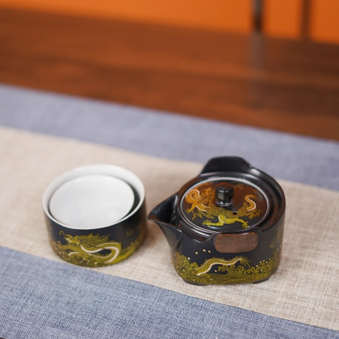 陶瓷手抓壶艺术主人杯创意乌金釉金龙四方/龙行四方一壶两杯021