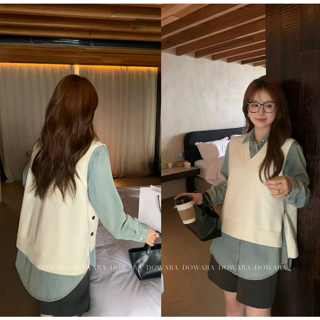 现货大婉酱微胖定制韩系休闲高级感针织V领无袖叠穿背心马夹6577D