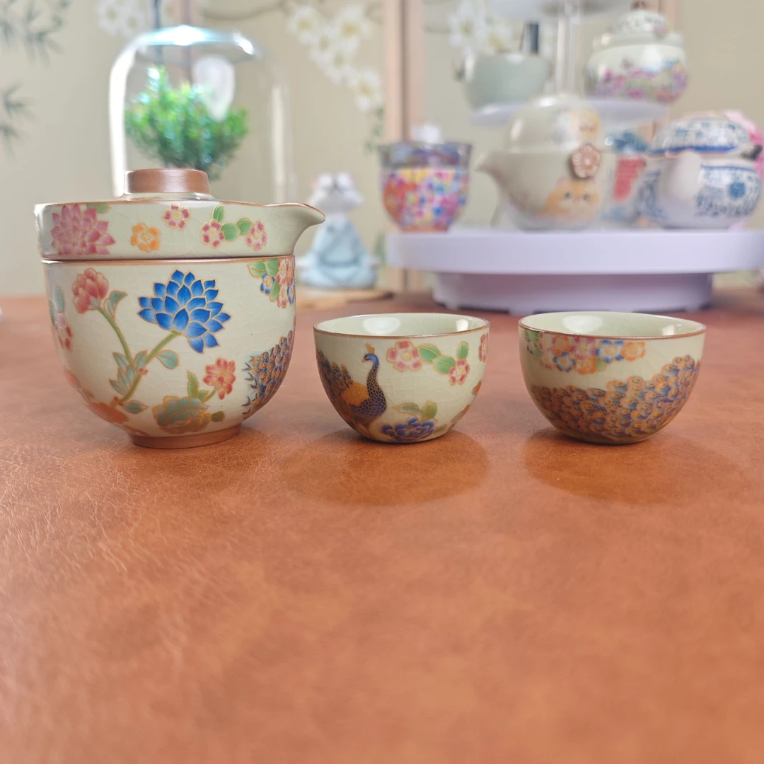 A095汝窑孔雀便携式旅行茶具简易手抓泡茶壶茶杯户外露营快客杯