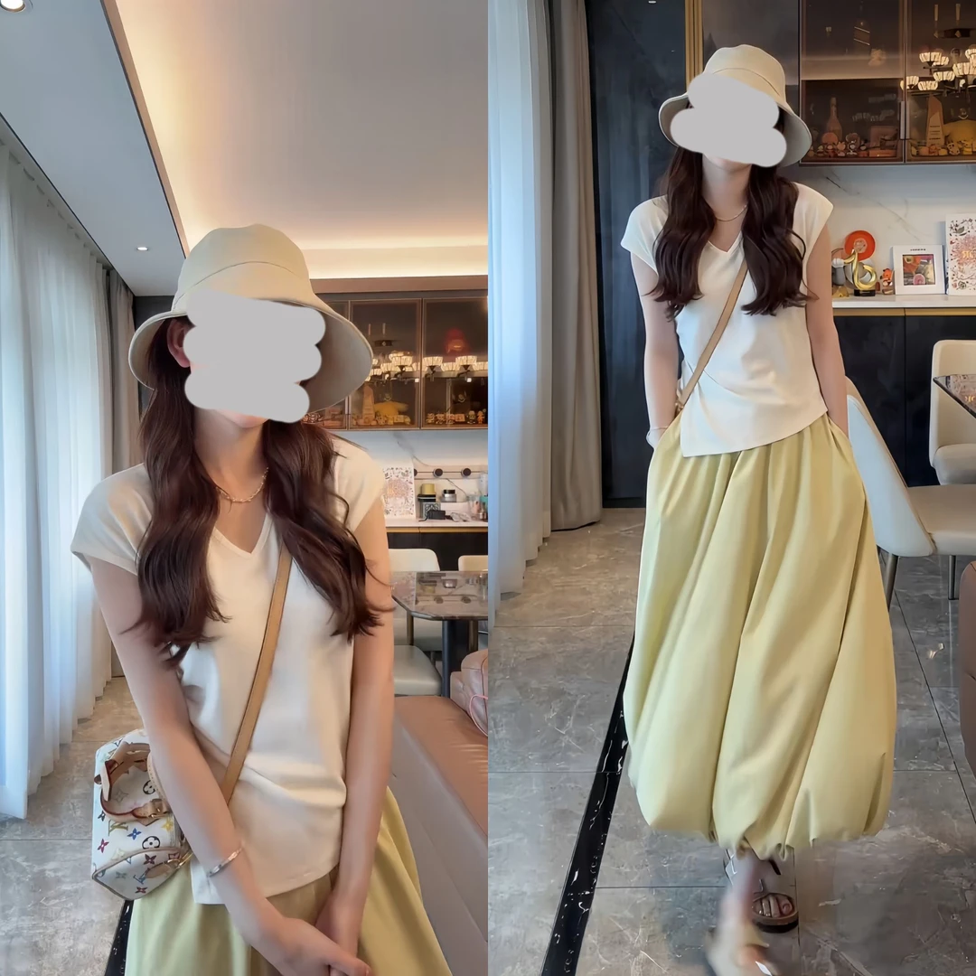 2025夏季新款时尚套装短袖t恤上衣中长款花苞裙裙子休闲两件套