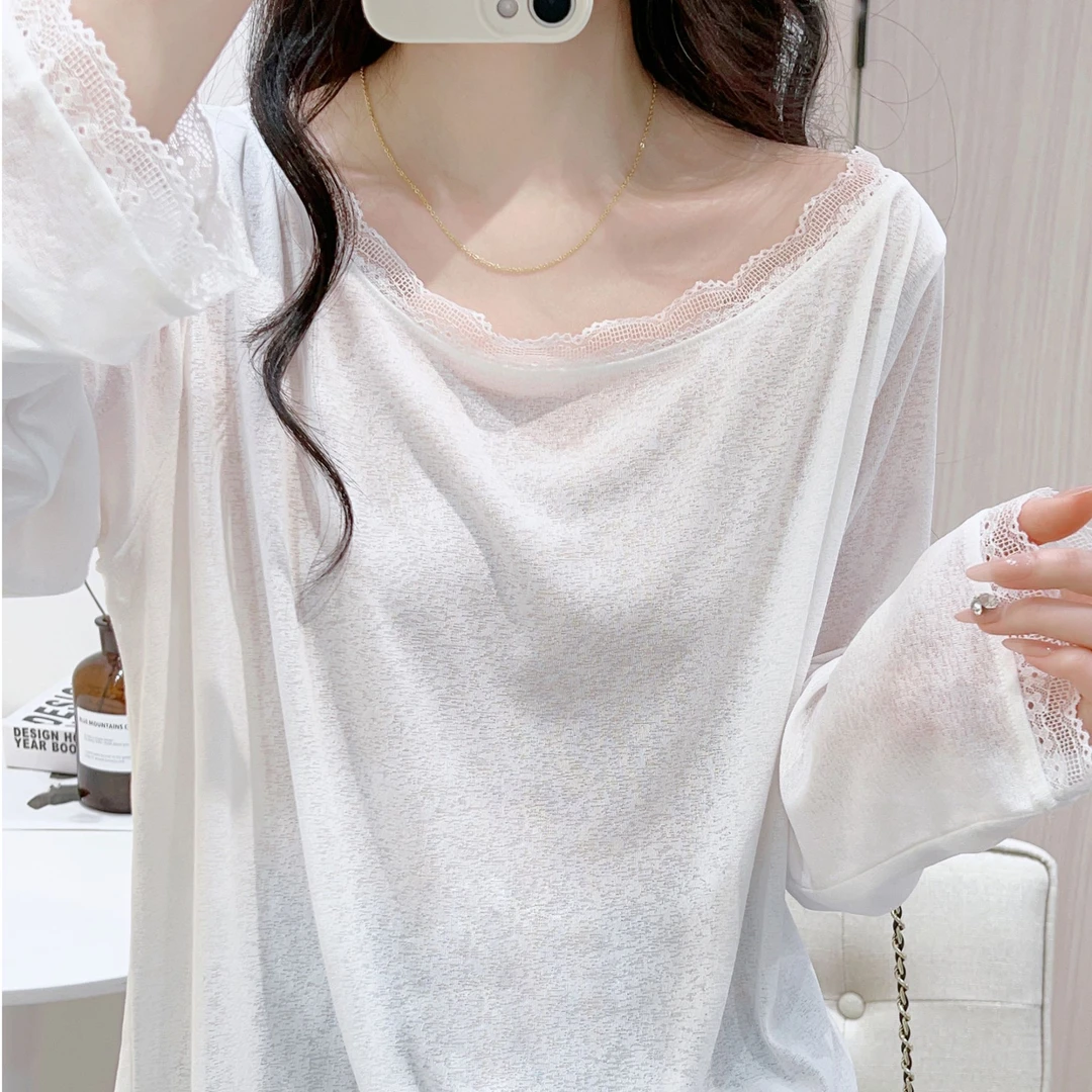 白色蕾丝拼接一字肩长袖防晒T恤女夏季宽松休闲简约下摆开叉上衣