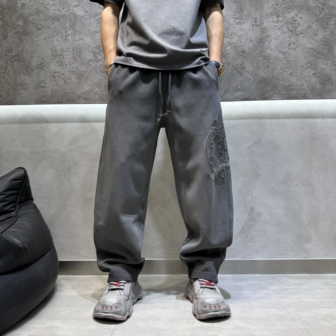 秋冬新款男士重工水洗激光烧花工艺直筒休闲裤潮流宽松刺绣百搭