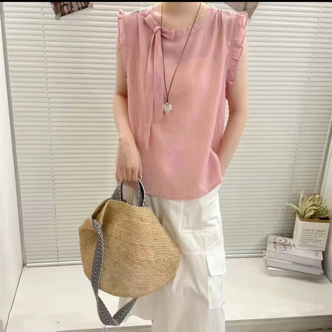 韩系木耳边无袖圆领蝴蝶结衬衫女2025夏季新款宽松显瘦时尚小衫潮