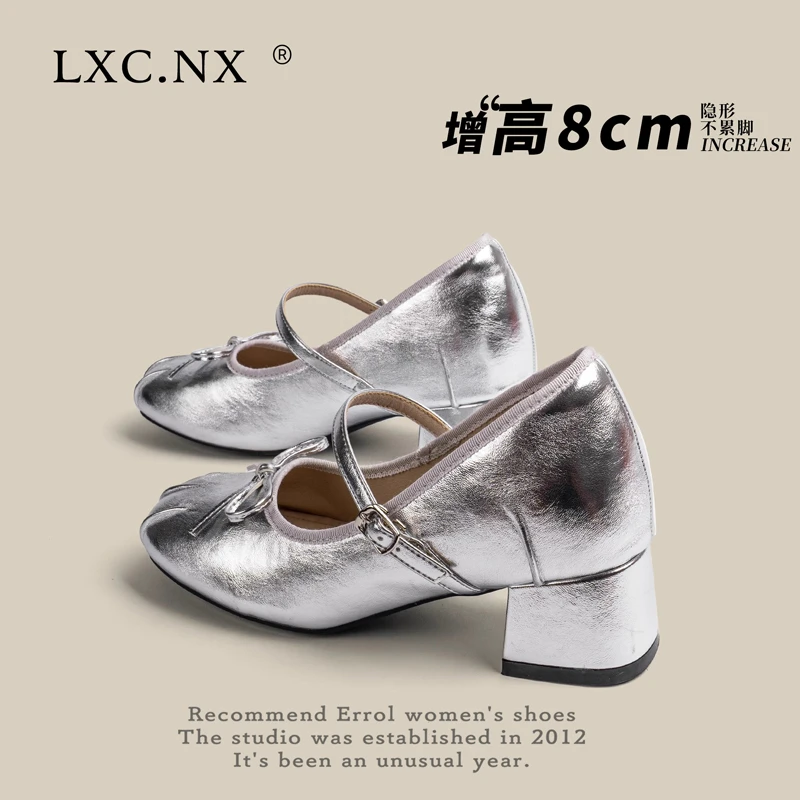 不累脚！隐形内增高8CM小个子银色玛丽珍鞋2025新款芭蕾粗跟单鞋女