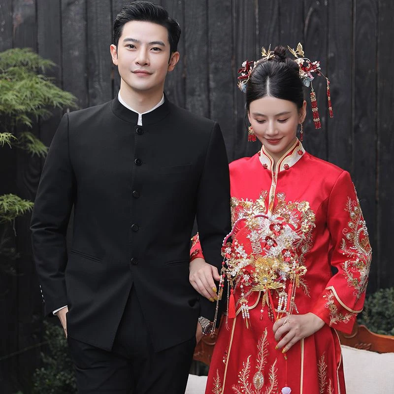 新中式立领结婚礼服男休闲中山装西服两件套西装套装新郎结婚西服