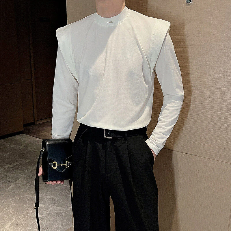春季小高领休闲韩版长袖T恤男百搭搭配上衣打底衫白色立领t恤内搭